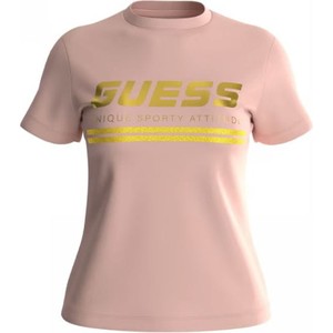 Różowy t-shirt Guess z bawełny z krótkim rękawem w młodzieżowym stylu