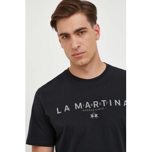 Czarny t-shirt La Martina z krótkim rękawem z nadrukiem z bawełny