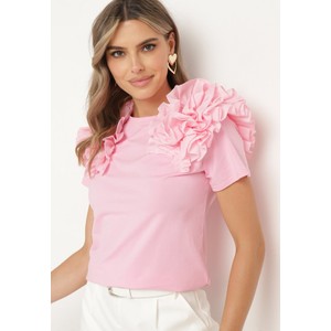 Różowa bluzka born2be z krótkim rękawem z bawełny w stylu casual