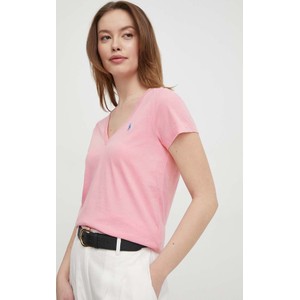 Różowa bluzka POLO RALPH LAUREN z bawełny w stylu casual z krótkim rękawem