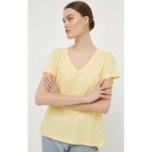 Żółty t-shirt Superdry z bawełny z krótkim rękawem z dekoltem w kształcie litery v