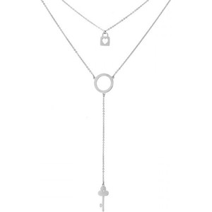 Manoki Srebrny naszyjnik z kluczykiem, kłódką i kółeczkiem, symbol karmy