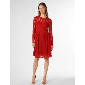 Czerwona sukienka Vila rozkloszowana z długim rękawem z okrągłym dekoltem
