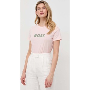 Różowy t-shirt Hugo Boss z okrągłym dekoltem w młodzieżowym stylu z bawełny