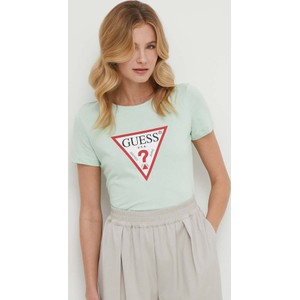 Miętowy t-shirt Guess z okrągłym dekoltem w młodzieżowym stylu