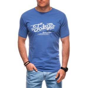 Niebieski t-shirt Edoti z krótkim rękawem w młodzieżowym stylu z bawełny